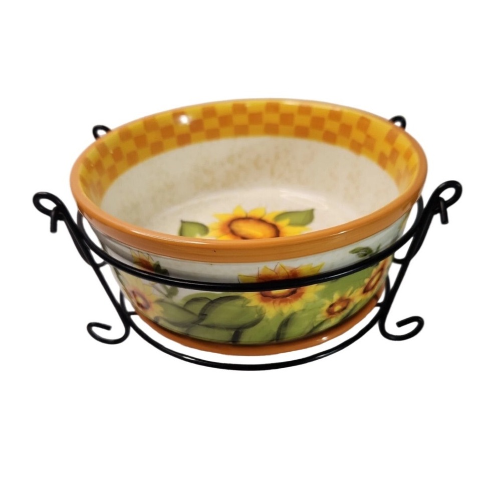 Temp-tations Country Sunflower Ceramic 1.5 qt Round Baker w/ Trivet & Wire Rack